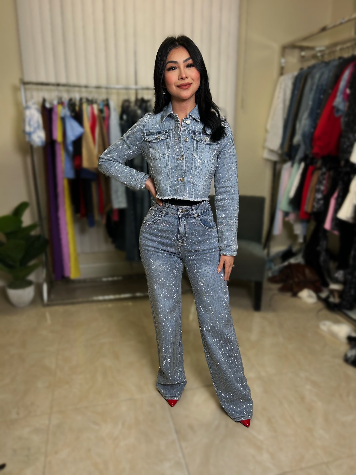 Natali Collection Denim Rhinestone Jeans - Blue, Womenswear, Bottom Pants