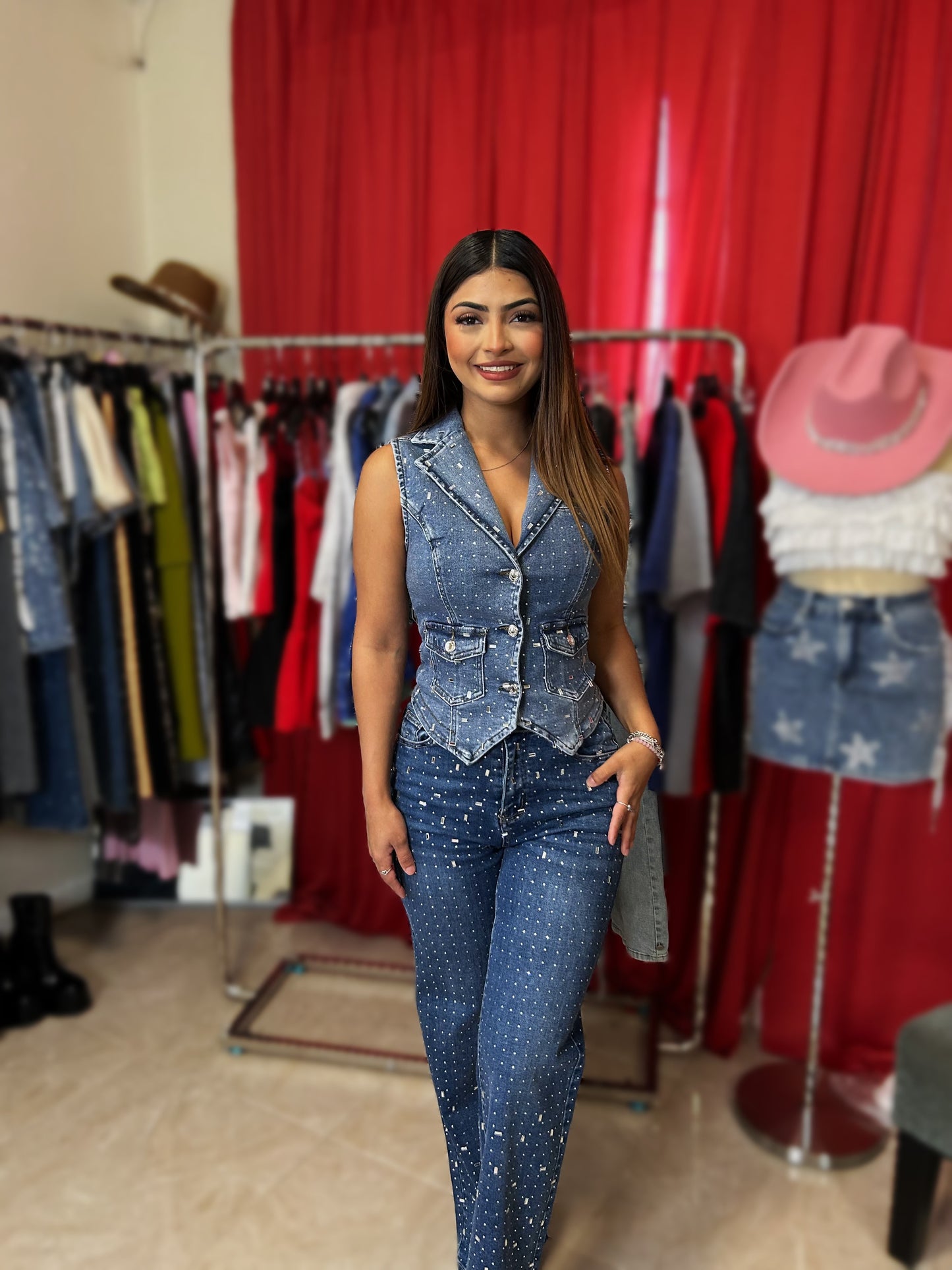 Mirror Collection Full Rhinestone Denim Vest - Womenswear Tops with Vintage Look and Elegant Design