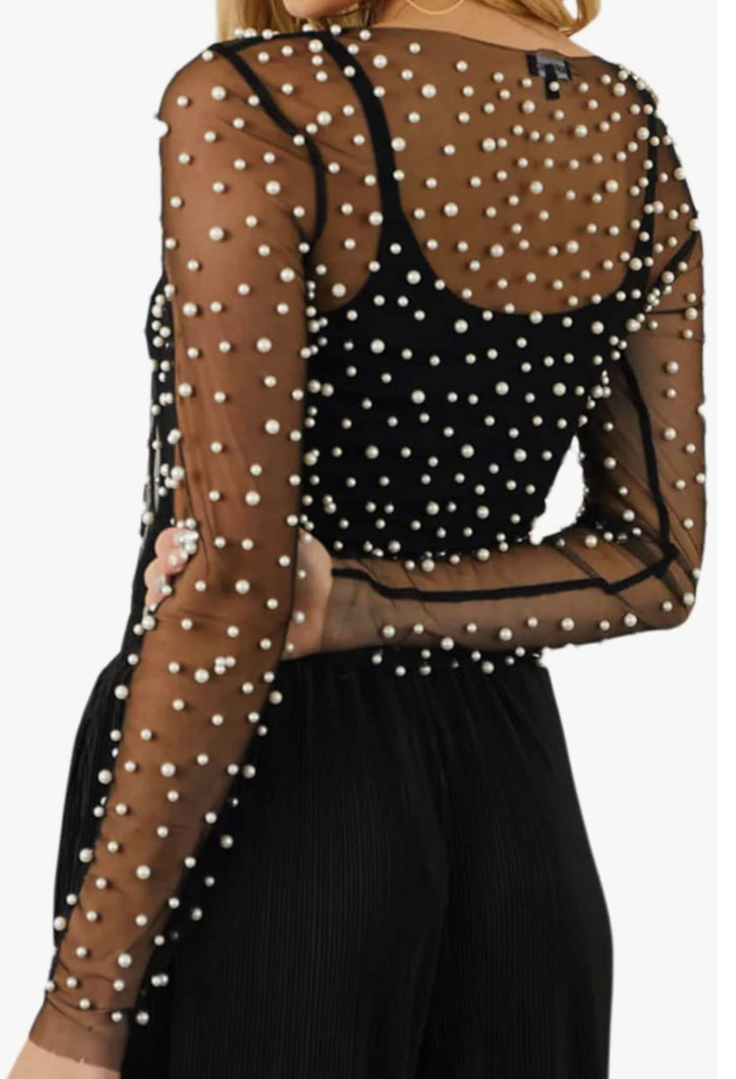Fatima Long Sleeve Mesh Top with Pearls