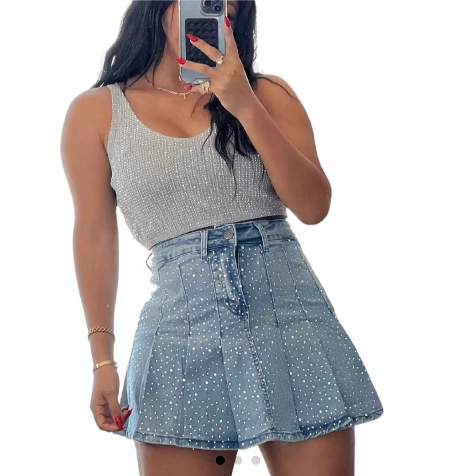 Bianca Bling Bling Mini Denim Pleated Skirt