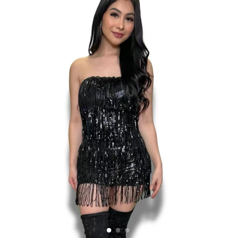 After Party Sequin Fringe Tube Dress - Women's Dress for Evening Wear - Womenswear