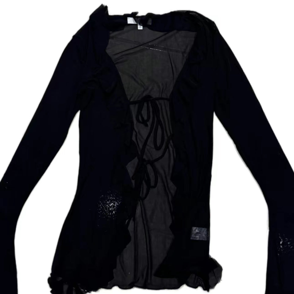 Mesh Long Sleeve Cardigan with Ruffles - Versatile Design for Casual Wear - Womenswear