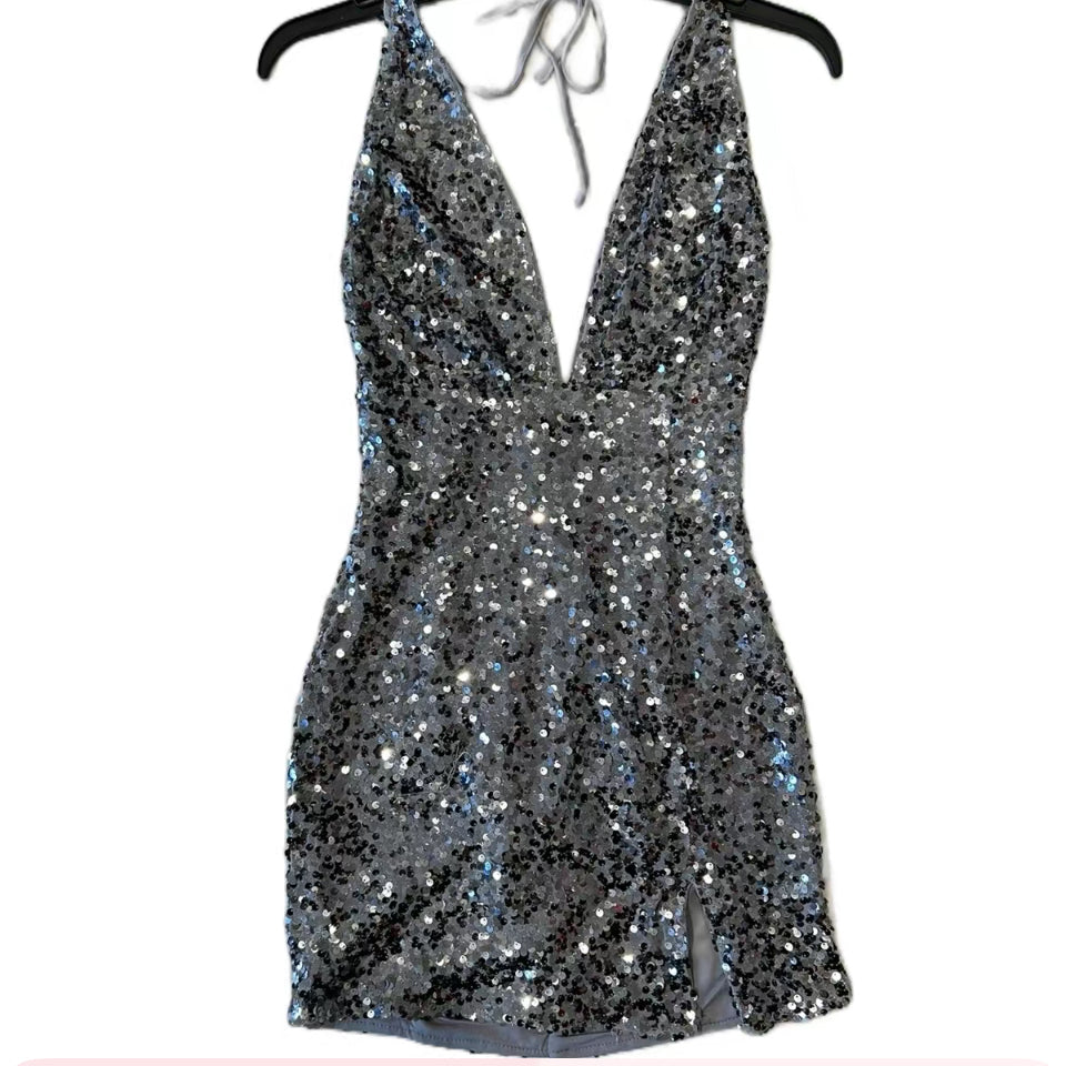 Grey Silver adjustable Backless Halter Dress Sequin Silver