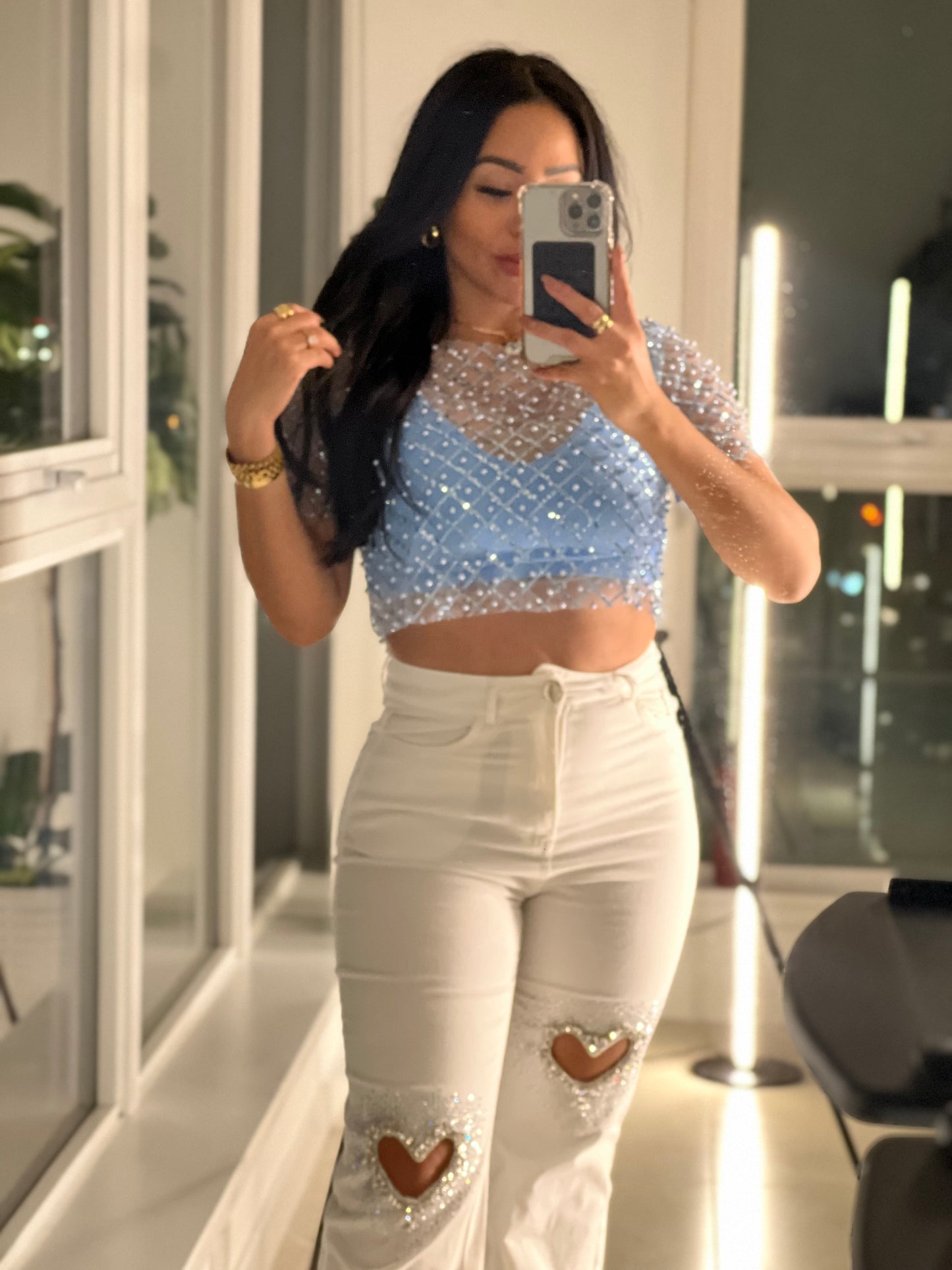 Fashion Cropped Shine with Pearl Mesh Blouse