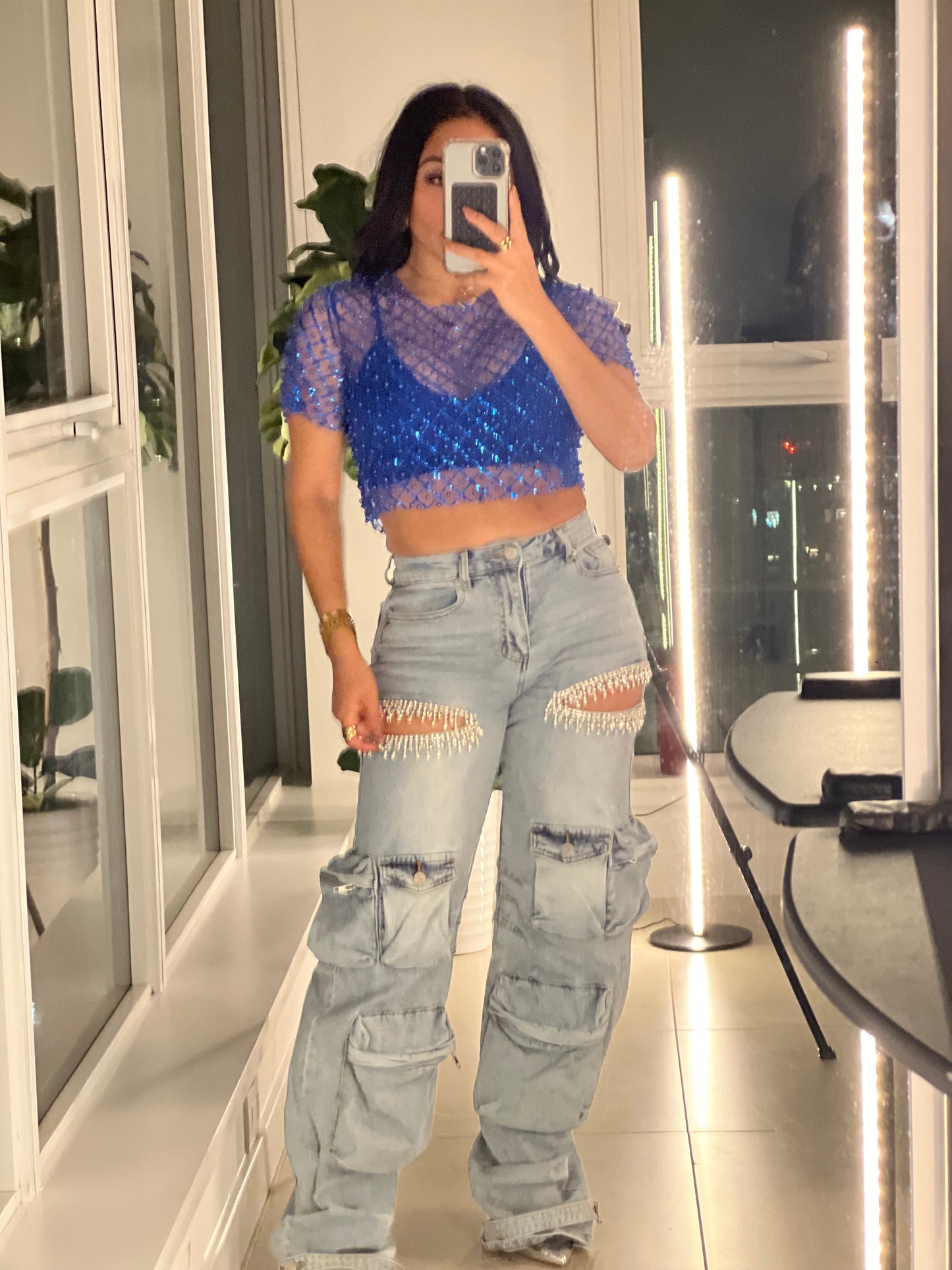 Fashion Cropped Shine with Pearl Mesh Blouse