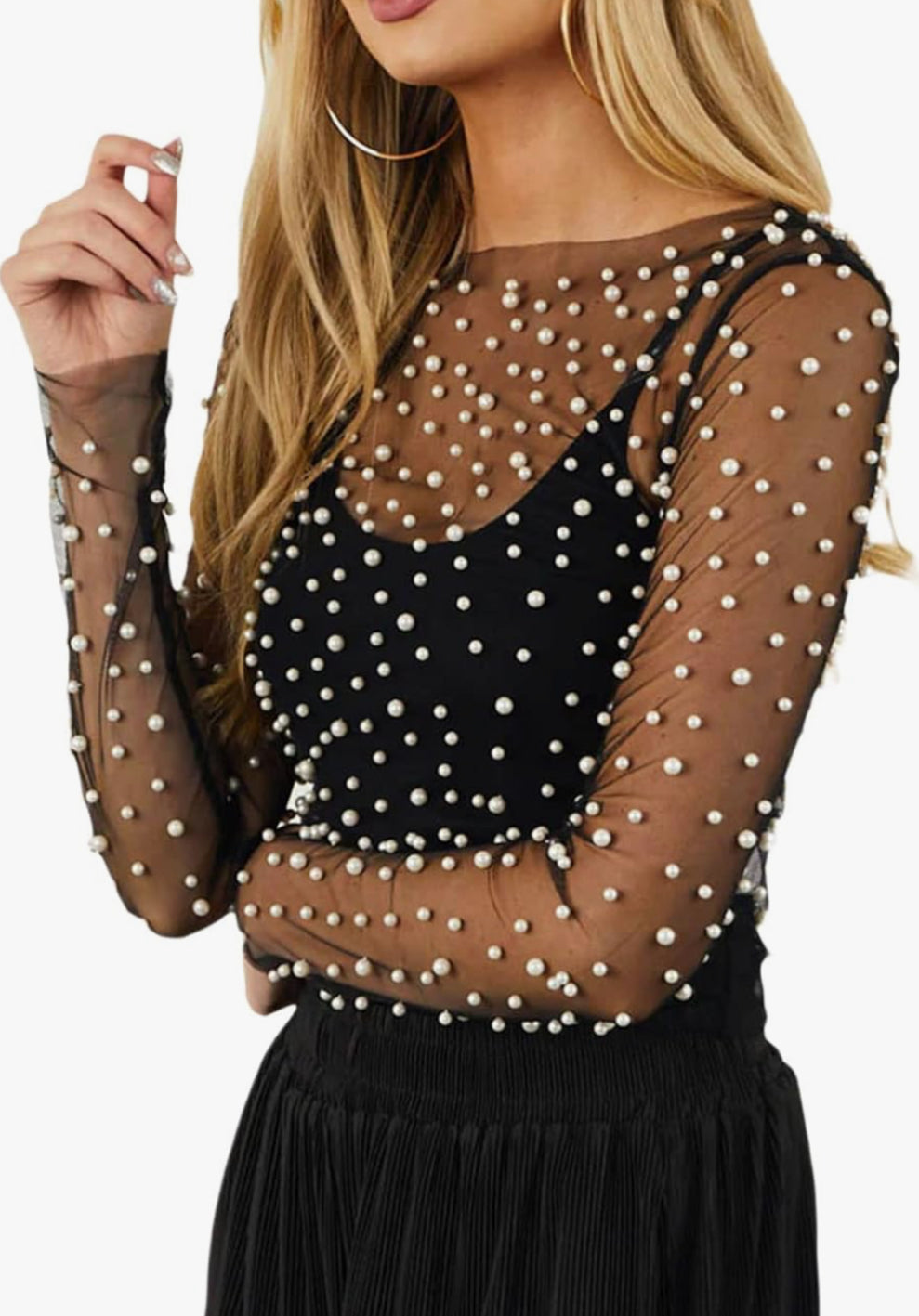 Long Sleeve Mesh Top with Pearls