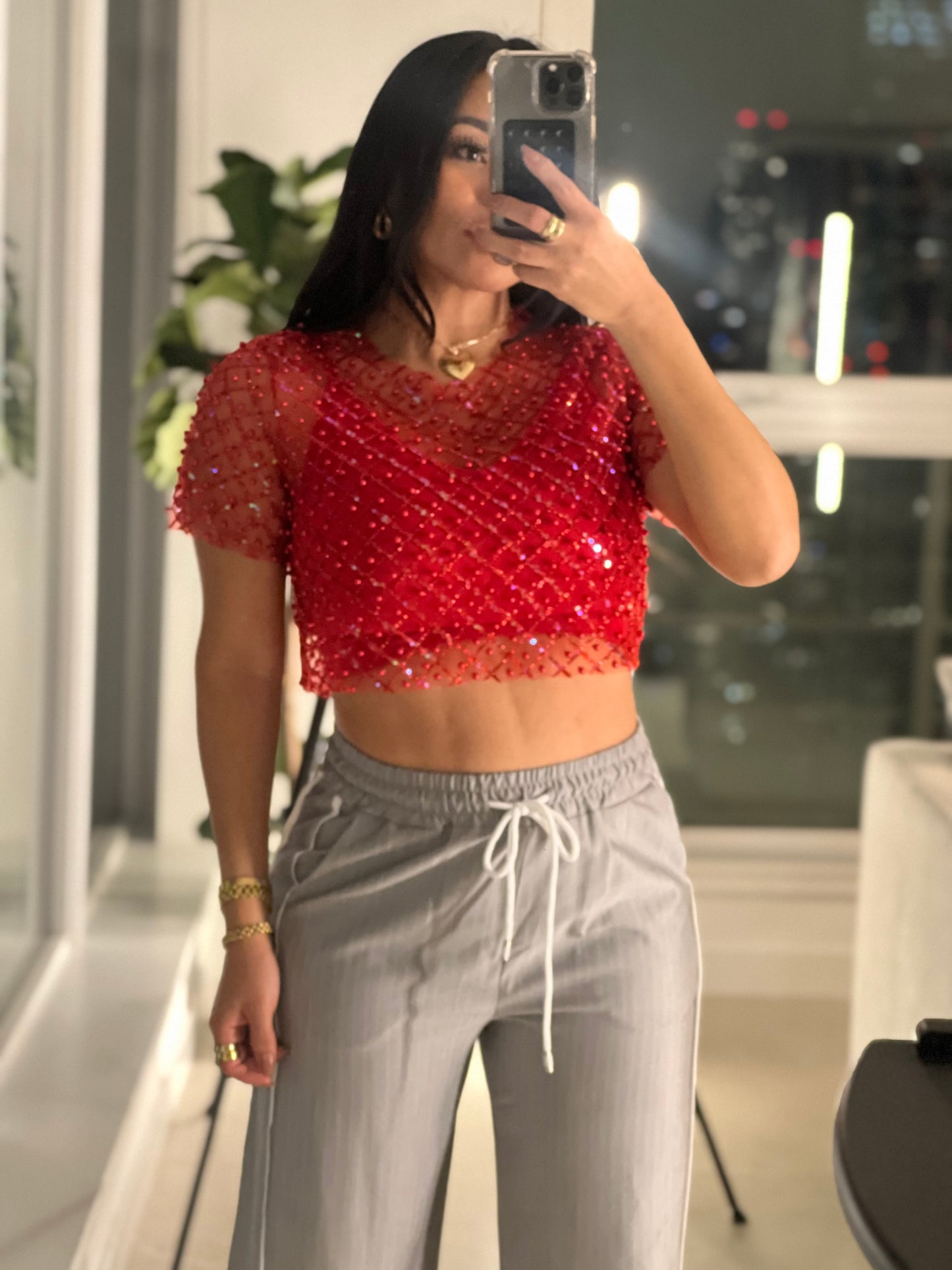 Fashion Cropped Shine with Pearl Mesh Blouse