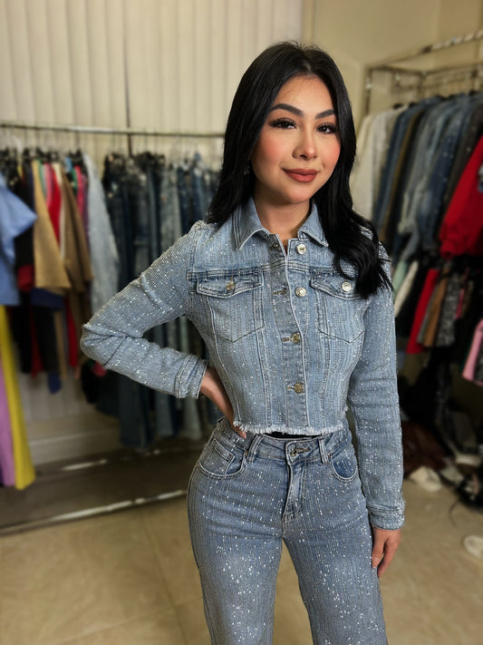 Diamante Full Rhinestone Jacket - Casual Jacket with Button Front and Side Pockets, Blue Denim Design