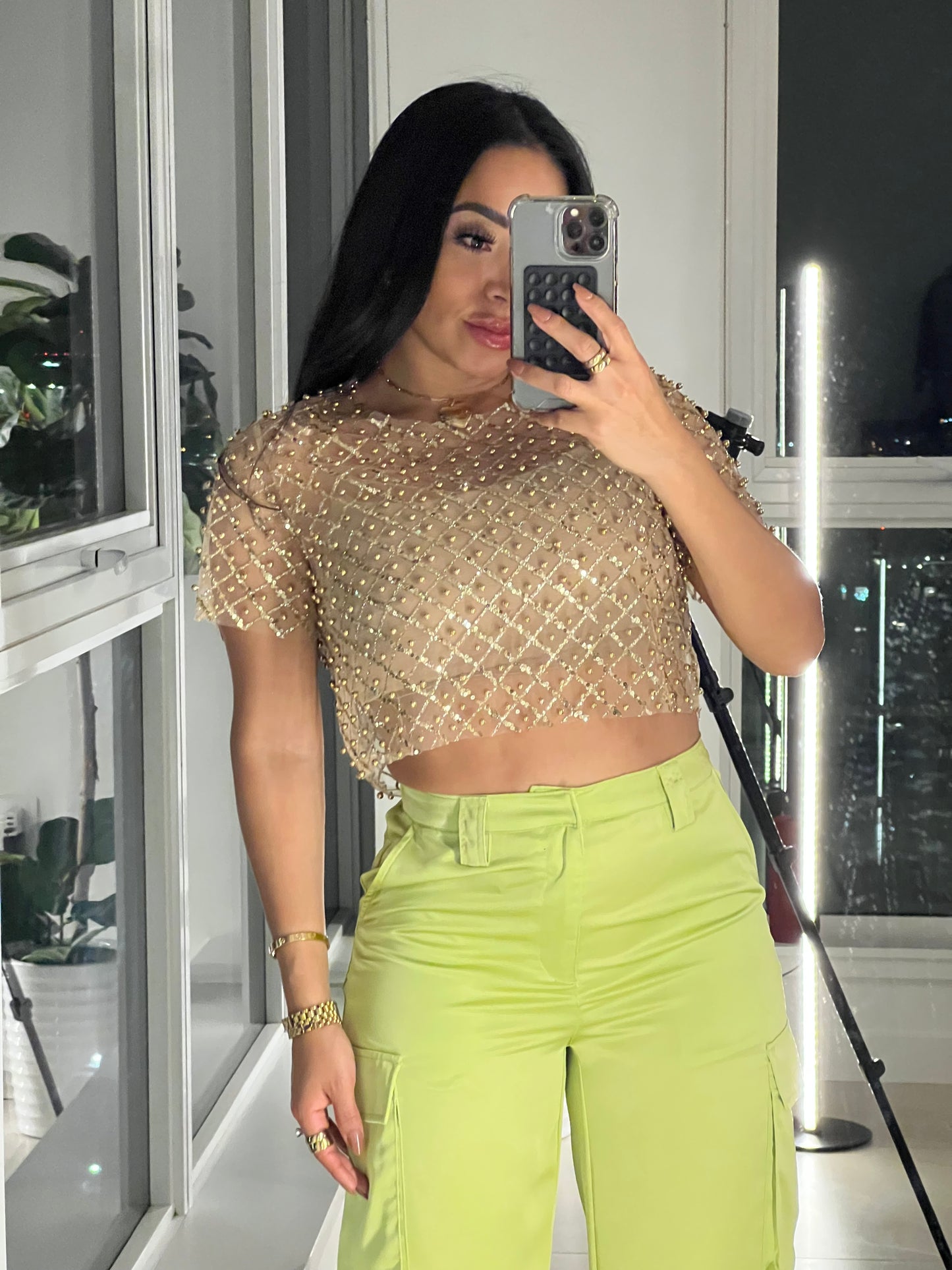 Fashion Cropped Shine with Pearl Mesh Blouse