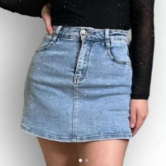Sara Collection - Mini Denim Skort with Stone Detail - Stylish Women's Skirt for Casual Wear - Womenswear