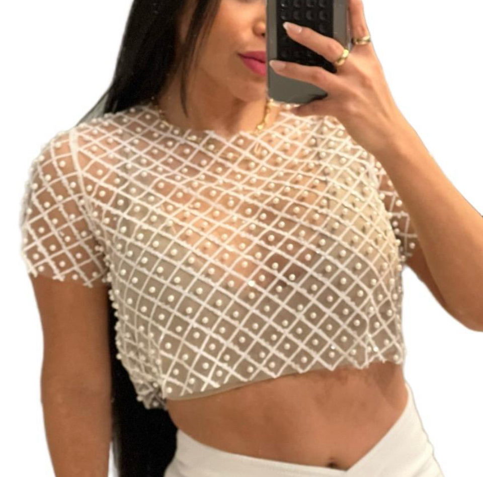 Fashion Shine with Pearl Mesh Blouse