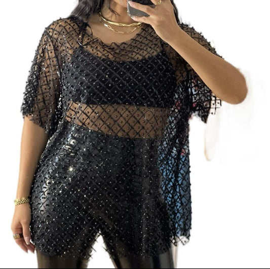 Fashion Curvy SizeShine with Pearl Mesh Blouse Womenswear
