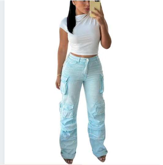 Coquette Washed Denim Cargo Pants for Women
- Adjustable Leg, Practical Pockets, Stylish & Comfortable for Casual Wear - Women's Fashion