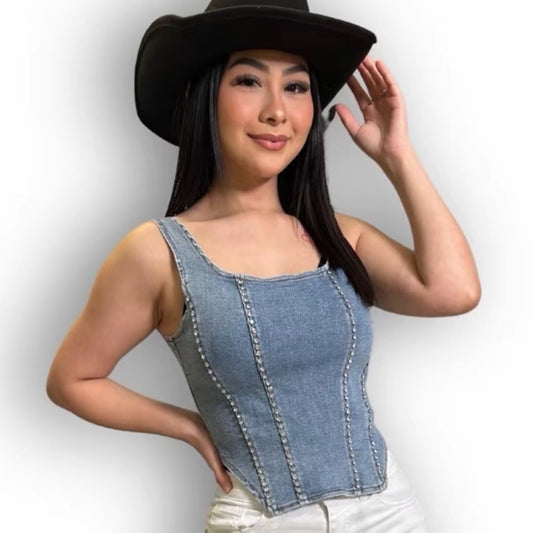 Billie Scoop Denim Rhinestone
Corset - Women's Top with Rhinestone Detail, Adjustable Fit, and Versatile Style for Casual Wear - Womenswear,
Tops