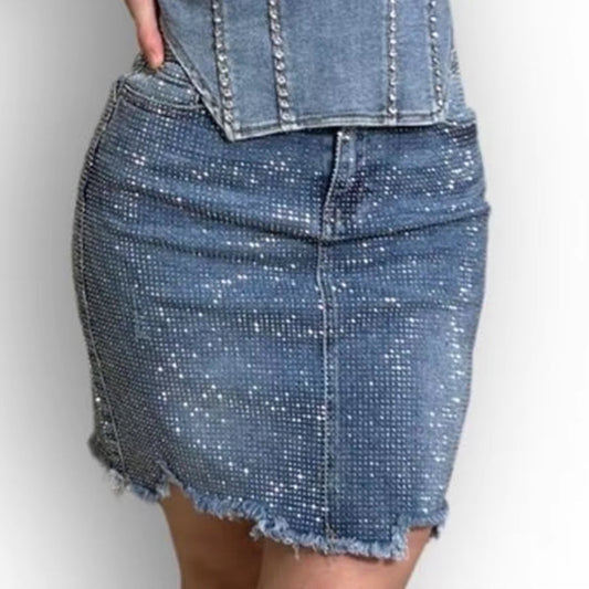Natali Collection Rhinestone Detail Denim Skirt, Casual Style, Bottom Womenswear