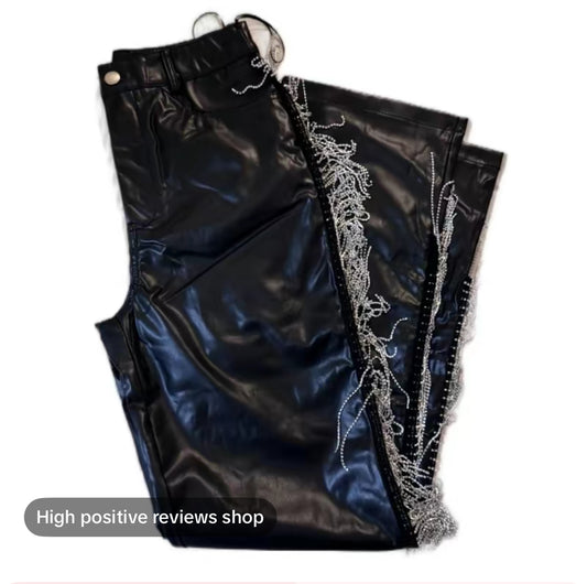 Kassy Leather Pants with Rhinestone Dangles - Womenswear, Comfortable Design, Basic Style, Mini..