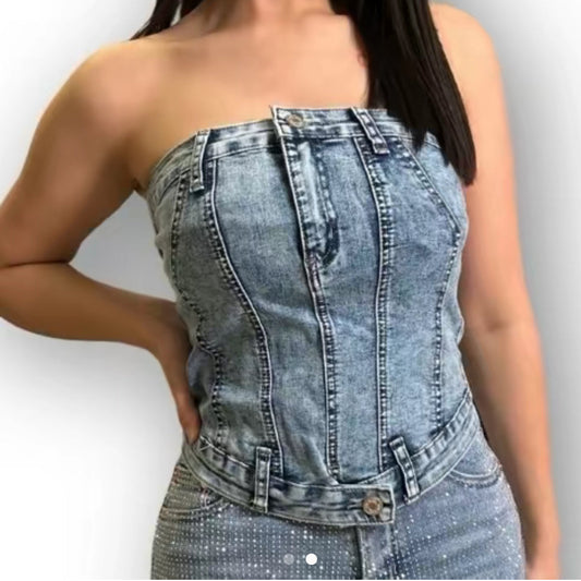 Alex Denim Slim Fit Cropped Top - Women's Denim Strapless
Top - Comfortable Fit -
Womenswear