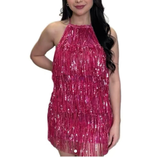 Morgan Sequin Fringe Halter Dress - Casual Women's Wear with Fringe Detail - Womenswear