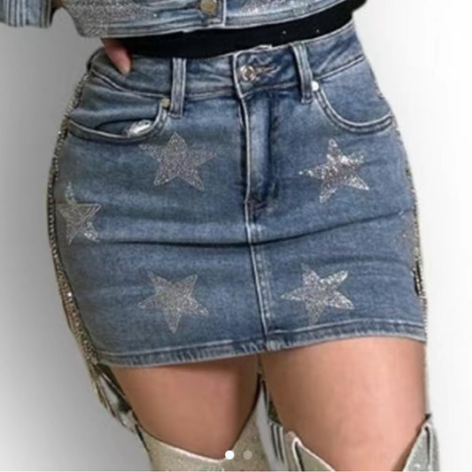 I Am the STAR Collection - Denim Skirt with Rhinestone Details - Star Design, Perfect for Any Occasion, Comfortable Womenswear - Bottom