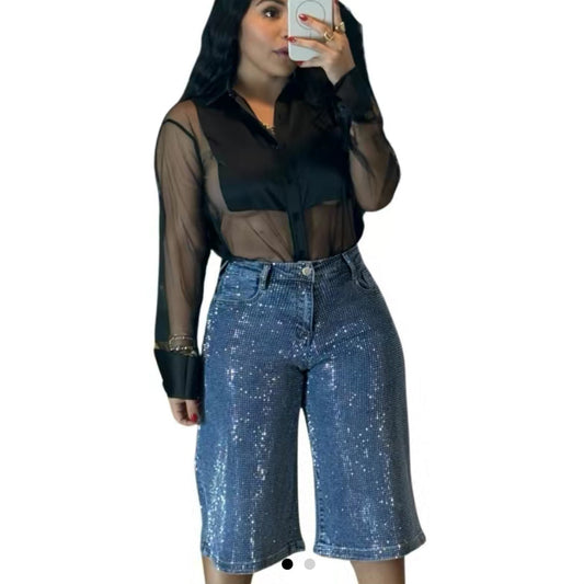 Natali Collection- Studded Denim Wide Jorts - Jean Womenswear, Stylish