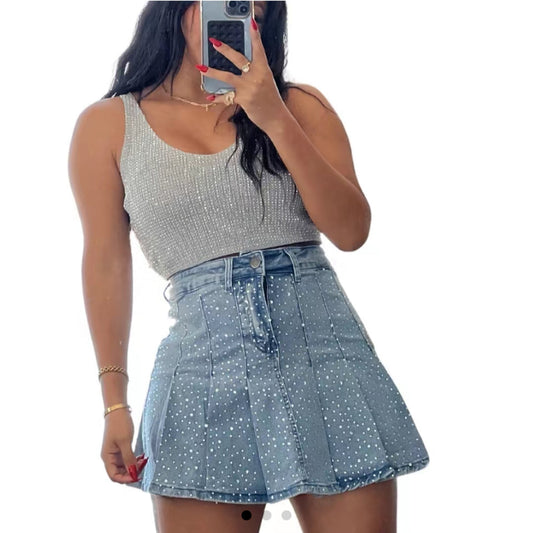 Bianca Bling Bling Mini Denim Pleated Skirt
