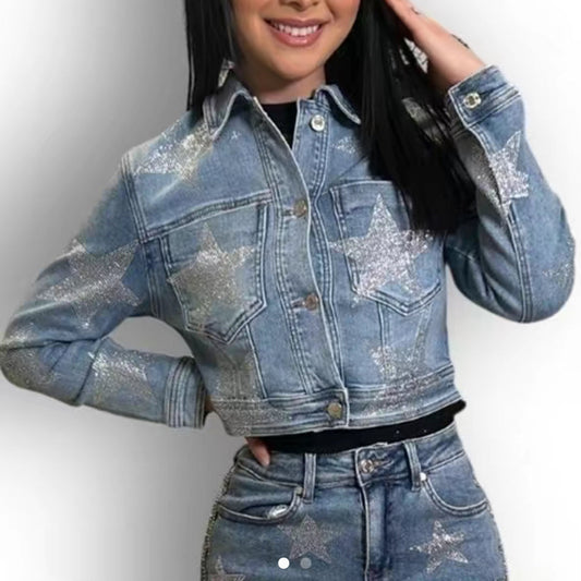 I Am the STAR Collection Denim Jacket with Rhinestone, Casual Style for Women - Womenswear