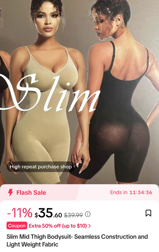 Slim Mid Thigh Bodysuit- Seamless Construction and Light Weight Fabric