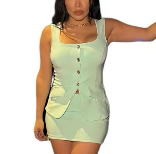 Drusci Skirt Set - Women's Green Sleeveless Dress with Button Detail and Pockets - Womenswear