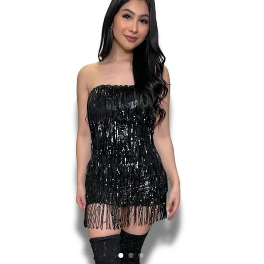 After Party Sequin Fringe Tube Dress - Women's Dress for Evening Wear - Womenswear