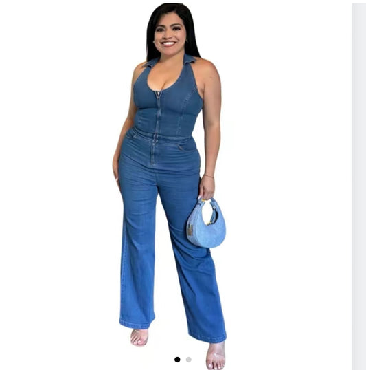 AT Denim Halter Zip Up Wide Leg Jumpsuit - Blue Denim Sleeveless Style with Zipper Front