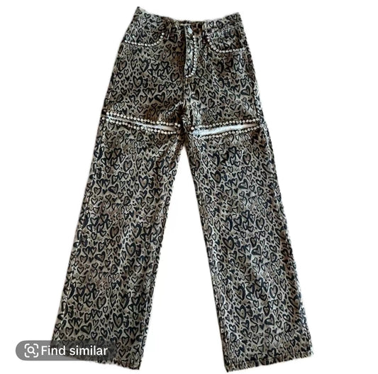 Heart Cheetah Rhinestone Open Leg Pants