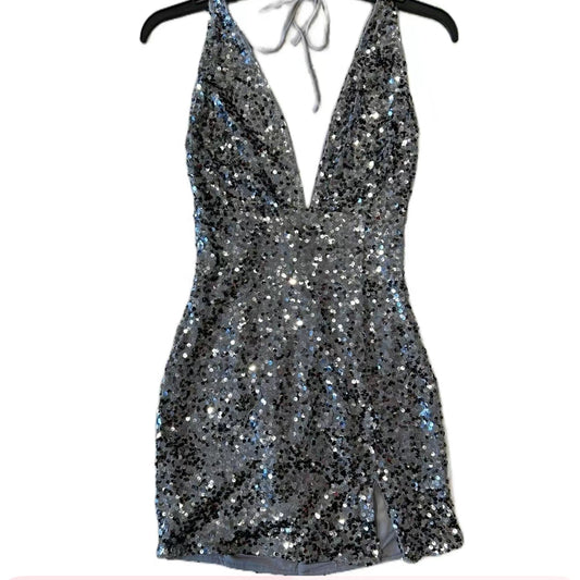 Grey Silver adjustable Backless Halter Dress Sequin Silver