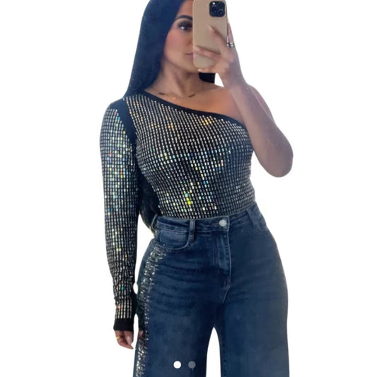 One Shoulder Bling Full Top Bodysuit for Women - Comfortable and Stylish -
Womenswear