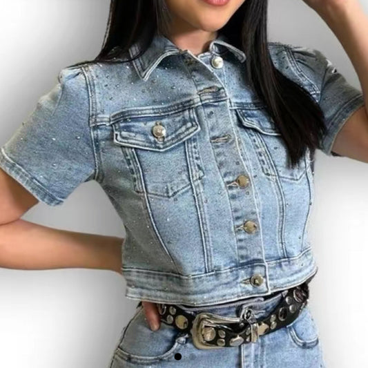 Sara Collection Short Sleeve
Denim Jacket - Casual Summer
Top with Front Pocket and Collar for Women - Tshirt, Tops, Comfort, Streetwear,
Womenswear