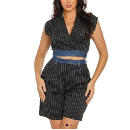 Nina Pinstripe Top & Shorts Set for Women Comfortable Suits with Striped Pattern and Belted