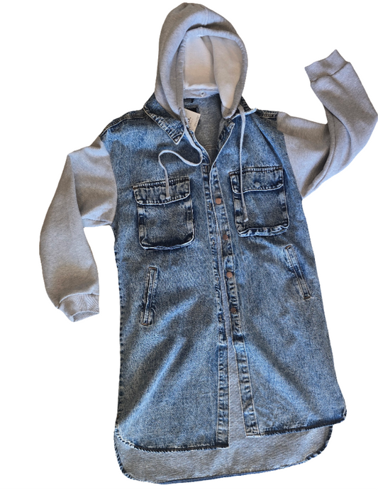Denim Long Jacket with grey cap