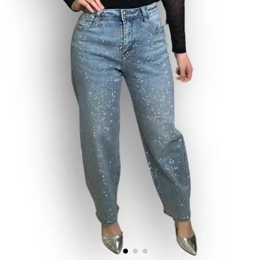 Natali Collection Denim Rhinestone Jeans - Blue, Womenswear, Bottom Pants