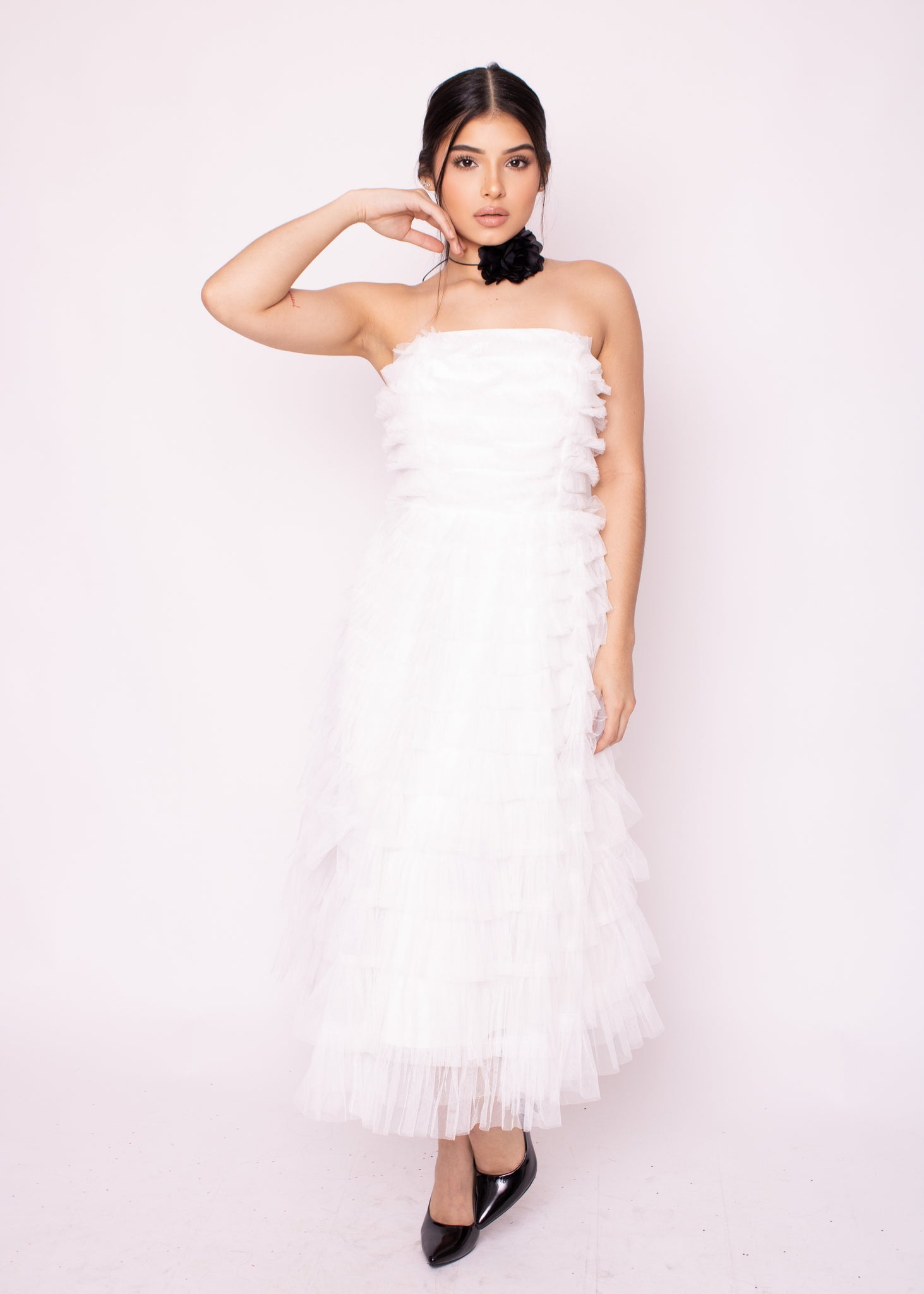 Strapless multi leyered ruffle dress