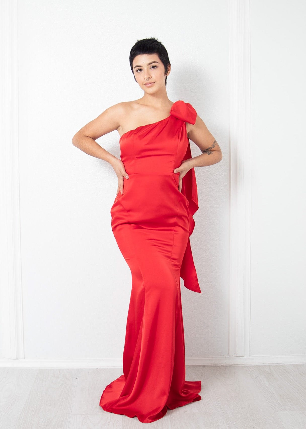Satin One Shoulder Bow Gown