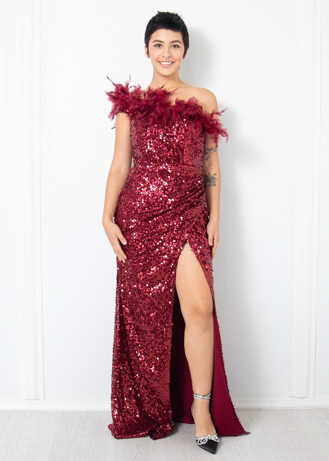 Feather and Sequin Gown