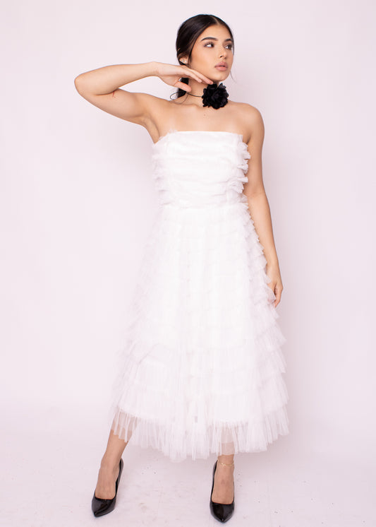 Strapless multi leyered ruffle dress