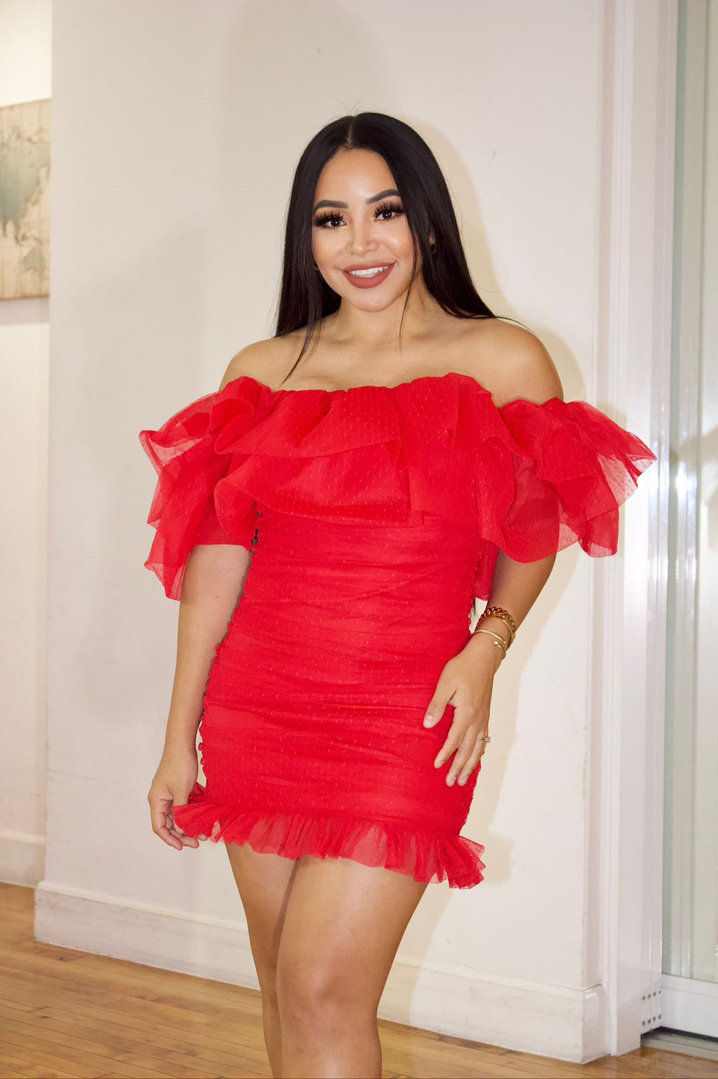 RED SWISS MESH DRESS