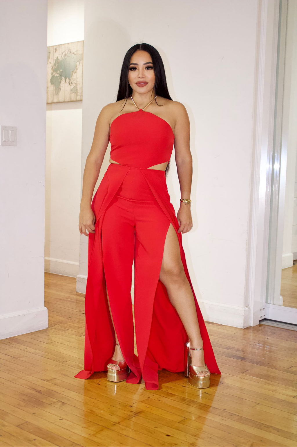 RED HALTER CUTOUT JUMPSUIT
