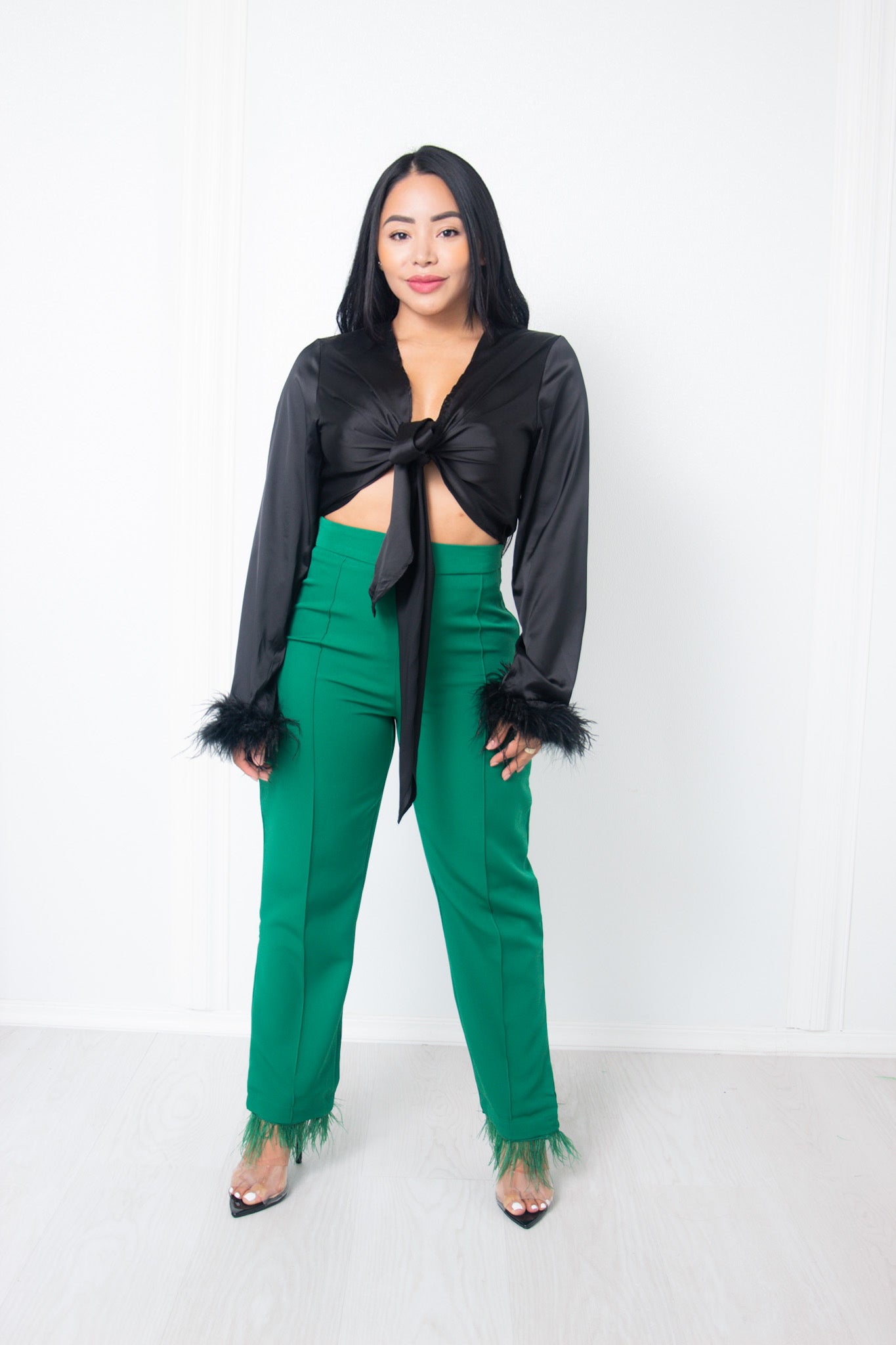 Straight pants with feather trim