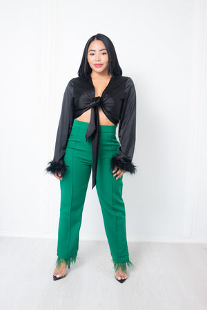 Straight pants with feather trim