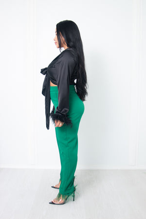 Straight pants with feather trim