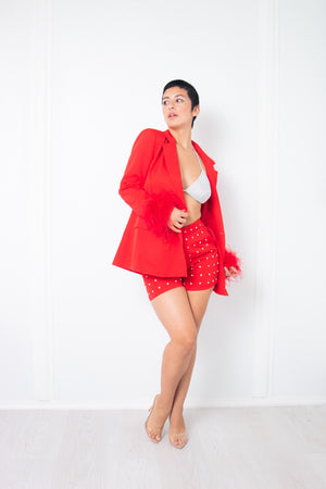 Red blazer with feathers