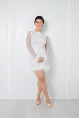 Rhinestone and Feather Mesh Dress