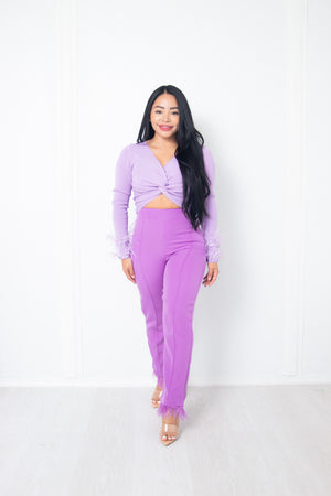 Straight pants with feather trim